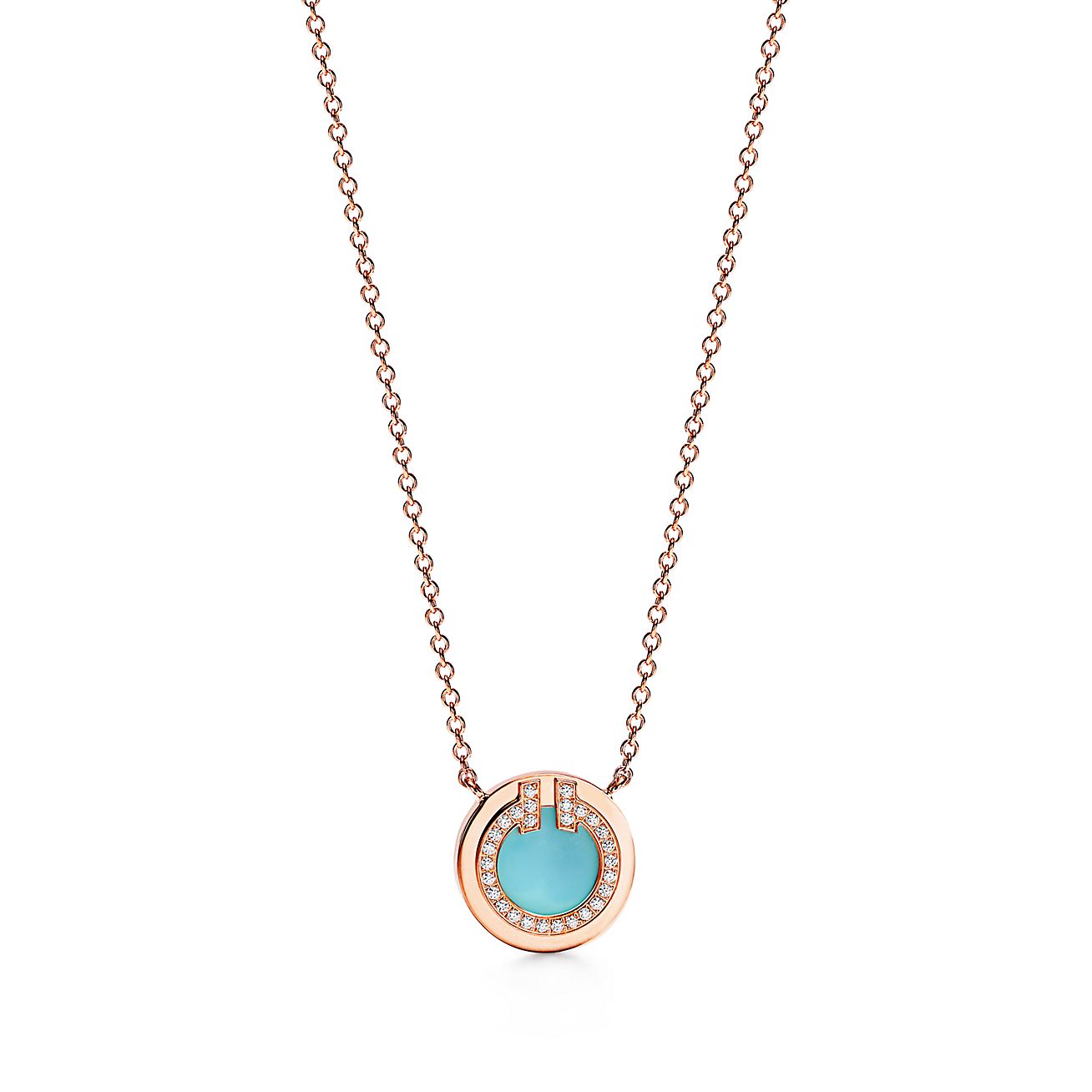 18K Tiffany Diamond & Turquoise Circle Pendant Necklace