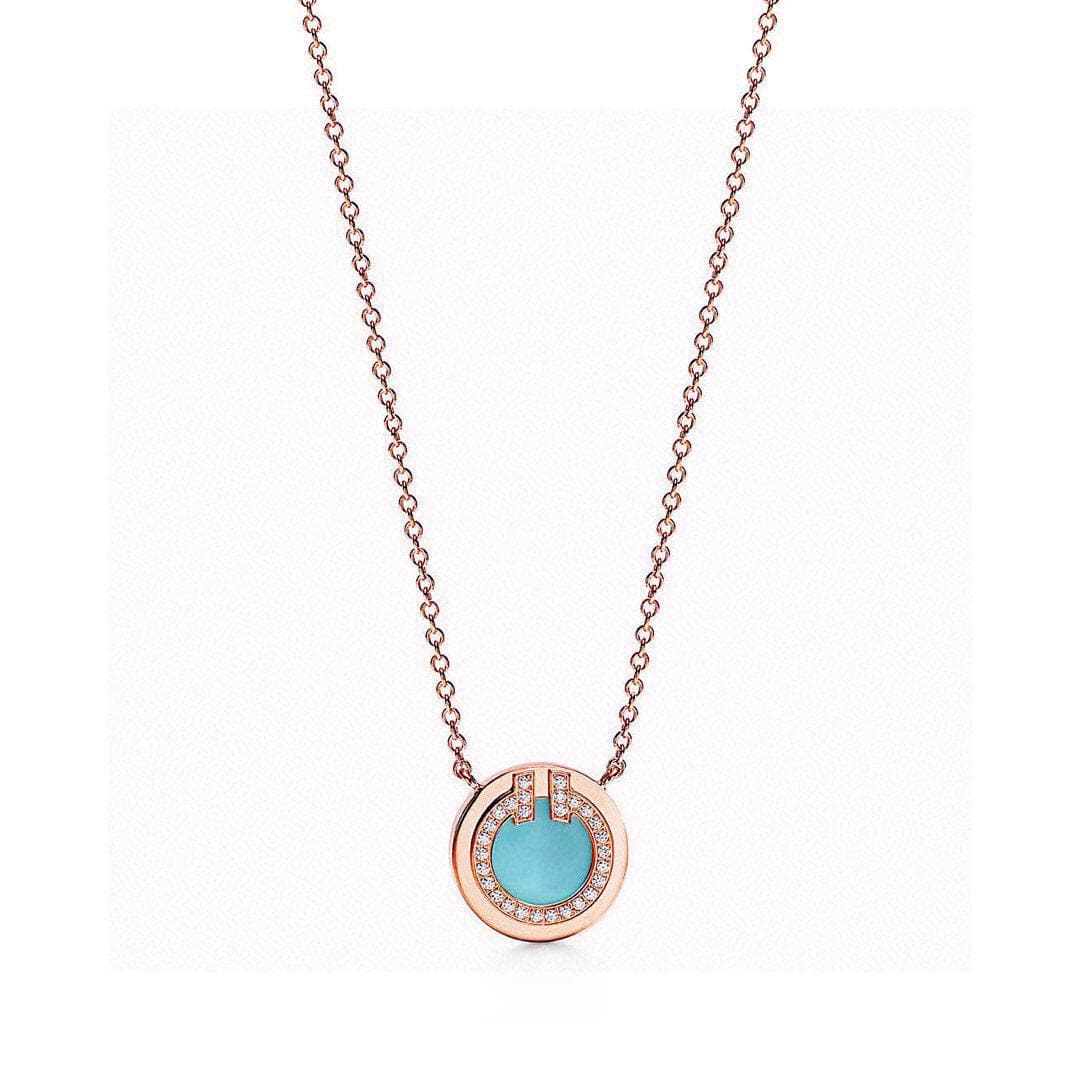 18K Tiffany Diamond & Turquoise Circle Pendant Necklace