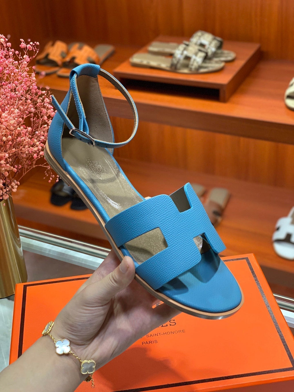 HERMES SANTORINI SANDAL CERULEAN CALFSKIN
