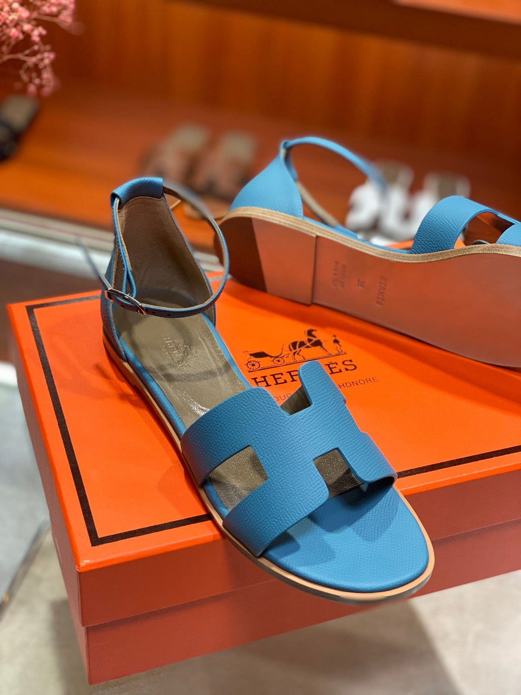 HERMES SANTORINI SANDAL CERULEAN CALFSKIN