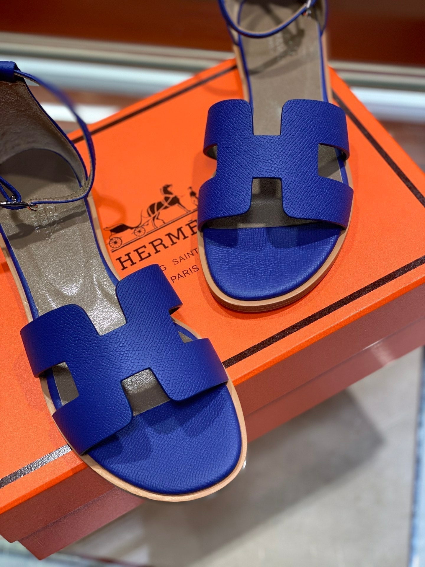 HERMES SANTORINI SANDAL AZURE CALFSKIN