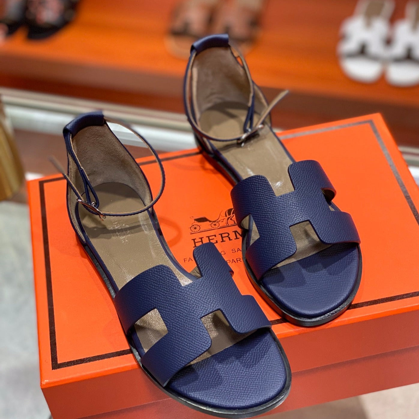 HERMES SANTORINI SANDAL NAVY CALFSKIN