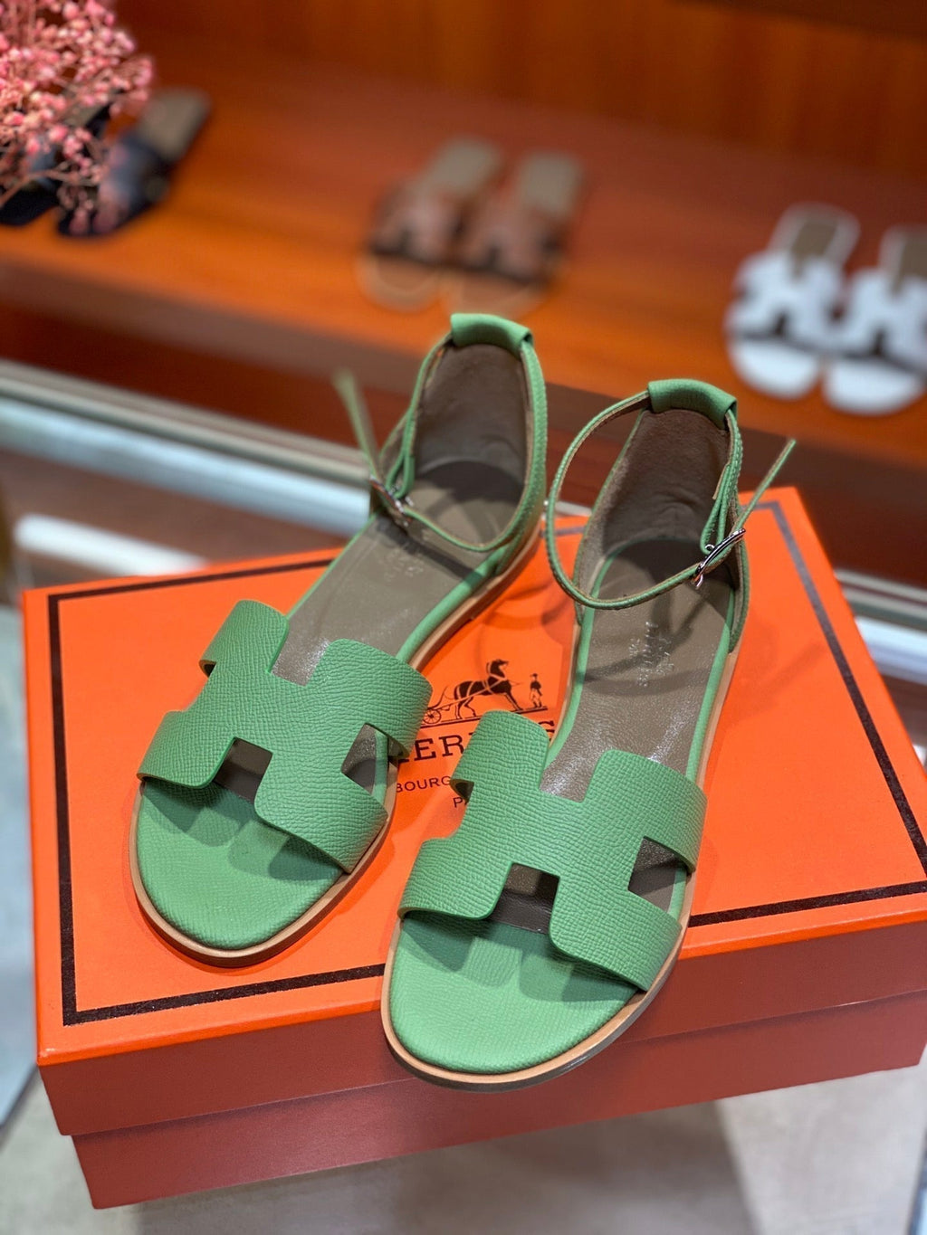 HERMES SANTORINI SANDAL COOL GREEN CALFSKIN