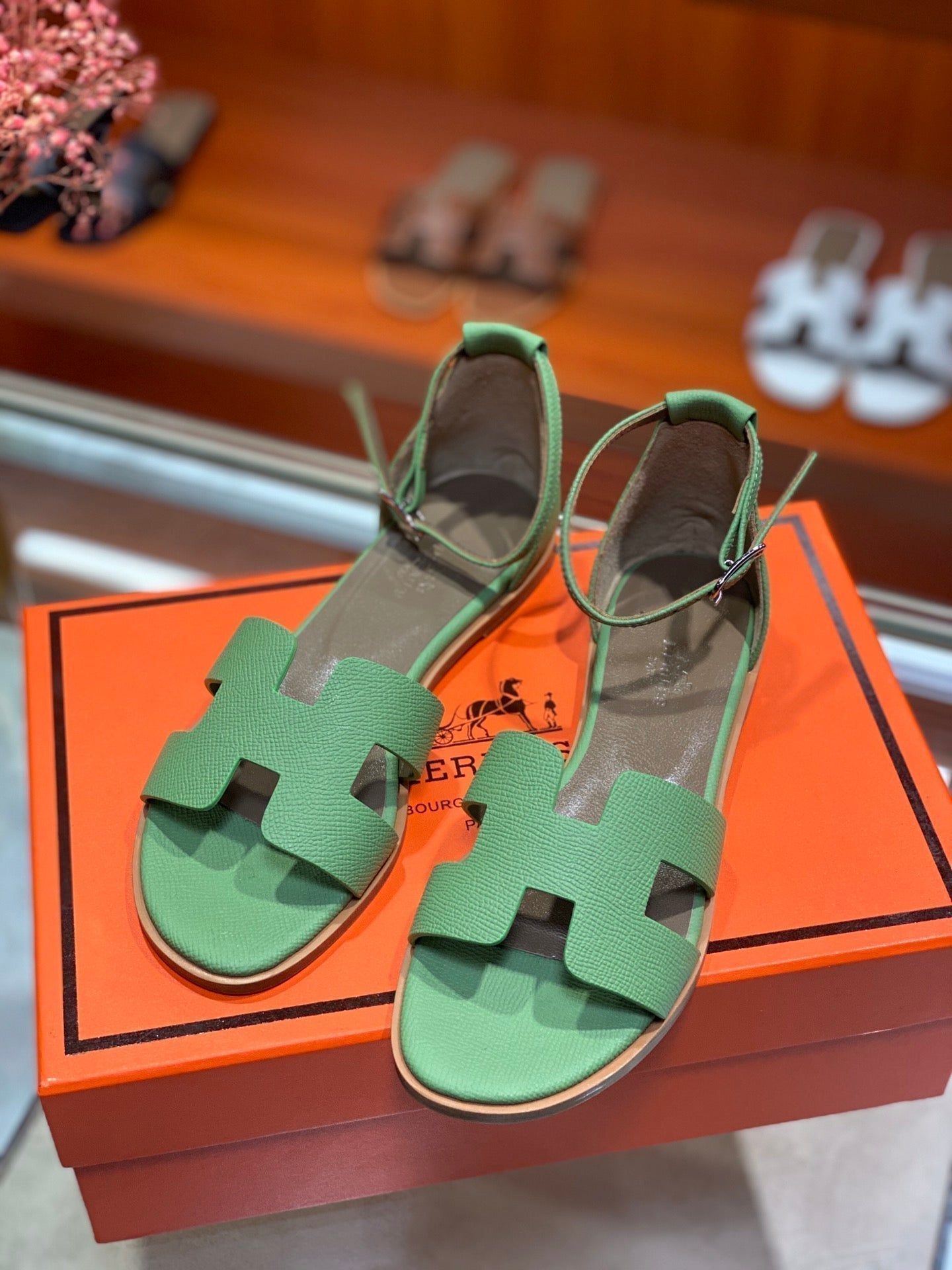HERMES SANTORINI SANDAL COOL GREEN CALFSKIN