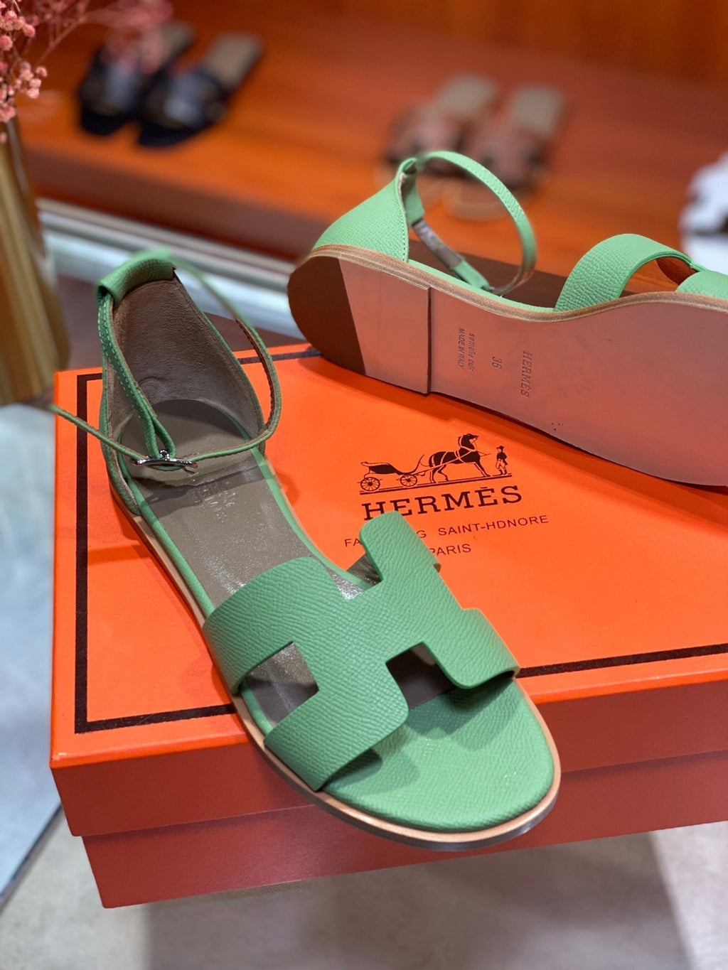 HERMES SANTORINI SANDAL COOL GREEN CALFSKIN