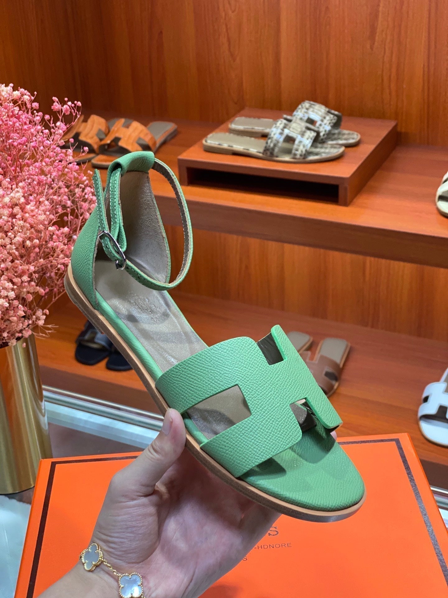 HERMES SANTORINI SANDAL COOL GREEN CALFSKIN