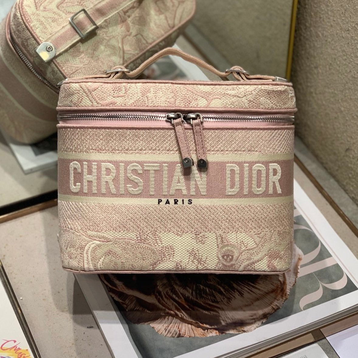 DIOR CROSSBODY MINI 18 VANITY CASE IN PEACH PINK MONOGRAM OBLIQUE JACQUARD