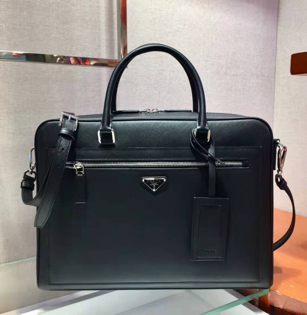 PRADA 38 BRIEFCASE IN BLACK SAFFIANO LEATHER