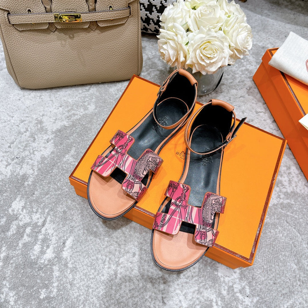 HERMES SANTORINI SANDAL BLACK MIX LIGHT PINK CALFSKIN WITH PATTERN