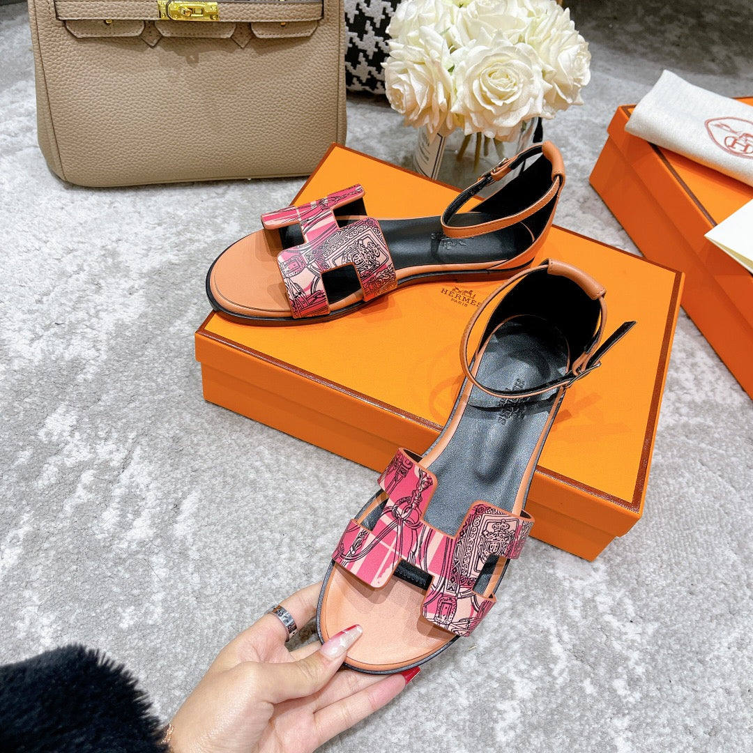 HERMES SANTORINI SANDAL BLACK MIX LIGHT PINK CALFSKIN WITH PATTERN