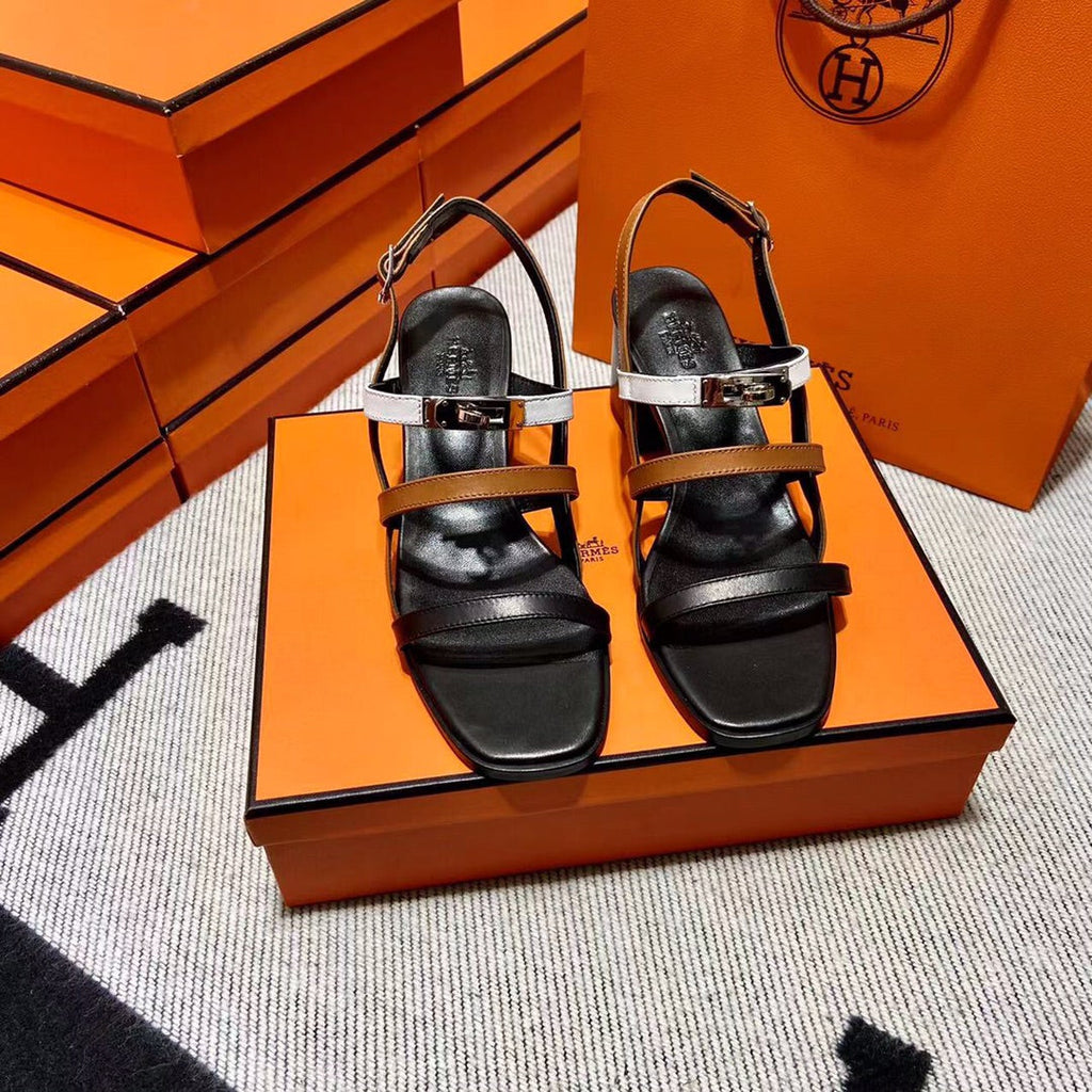 HERMES MID - SANDAL BLACK MIX WHITE MIX TAWNY CALFSKIN