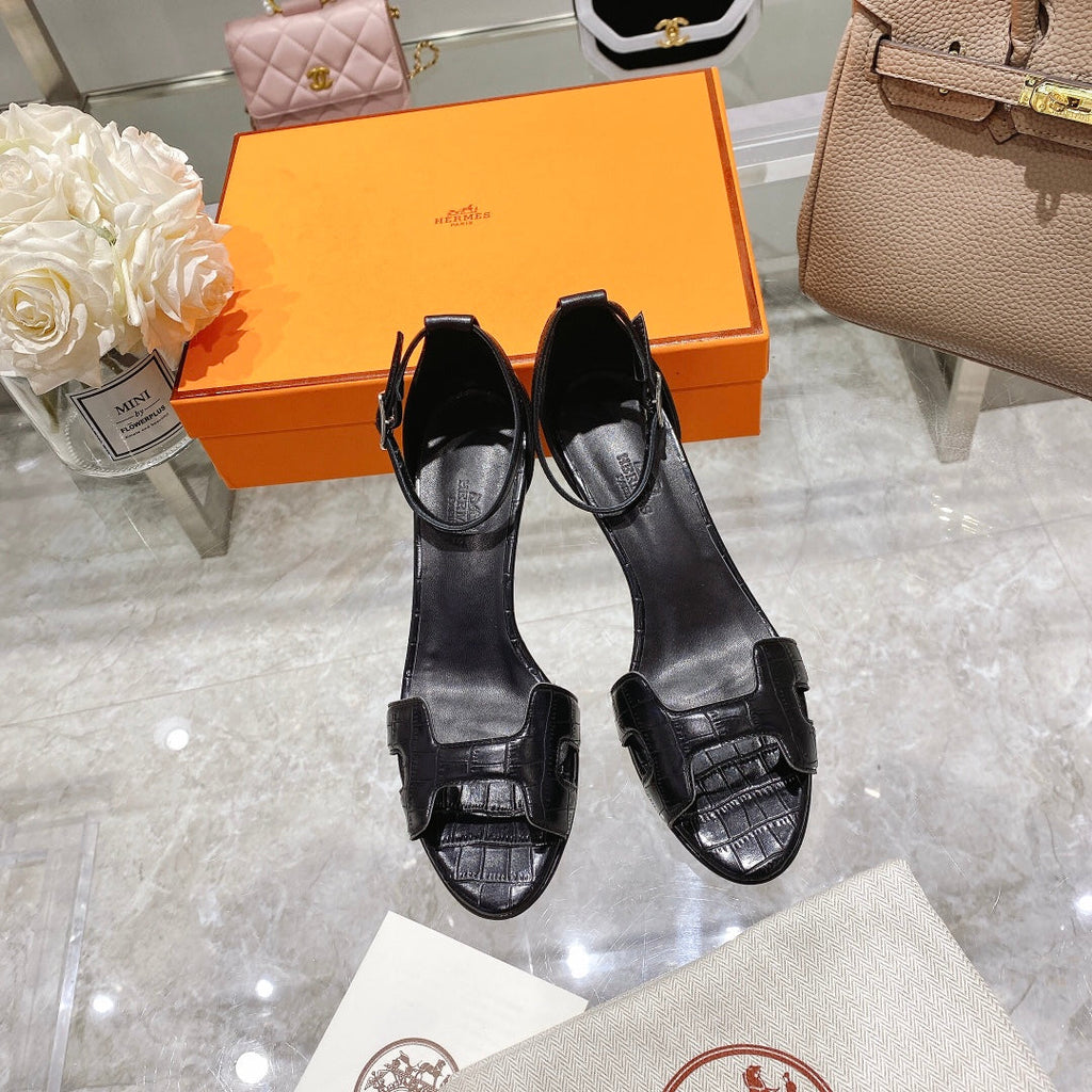 HERMES PREMIERE 70 SANDAL IN BLACK CALFSKIN