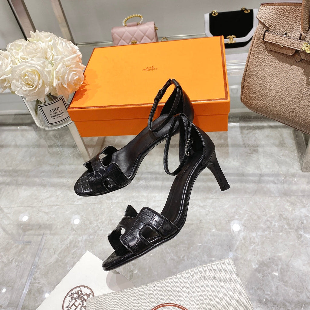 HERMES PREMIERE 70 SANDAL IN BLACK CALFSKIN