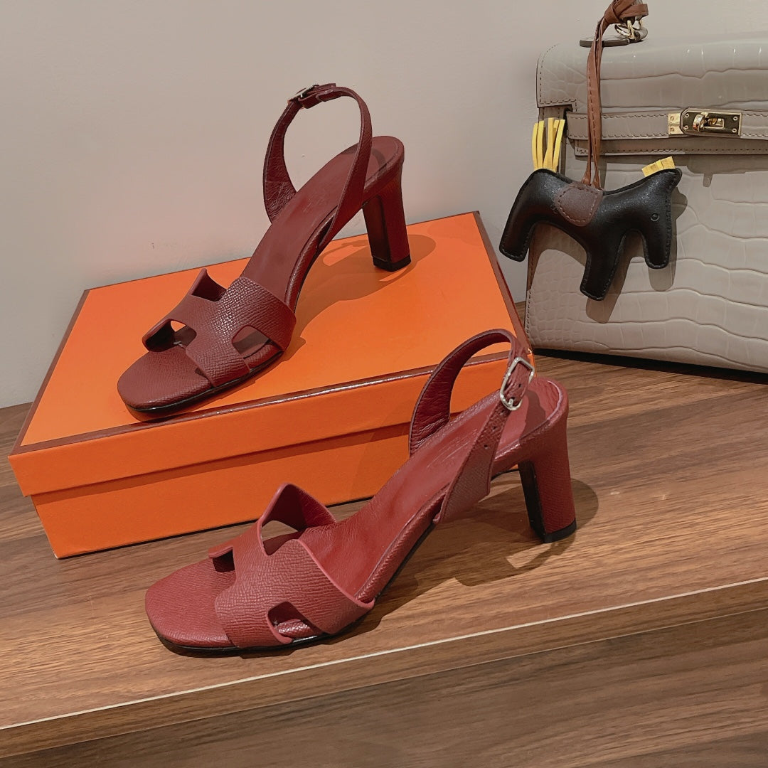 HERMES HOLY 75 SANDAL IN BERRY RED GRAINED CALFSKIN