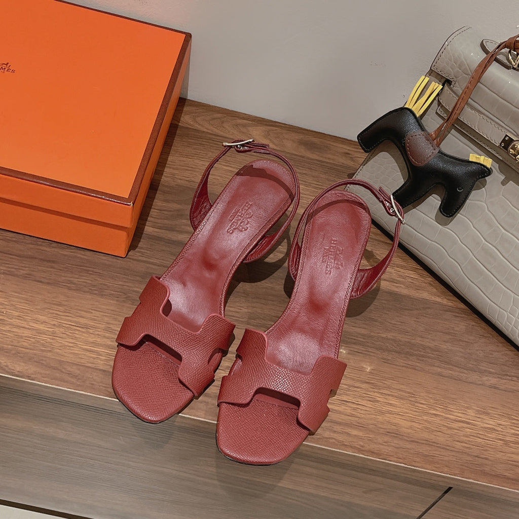 HERMES HOLY 75 SANDAL IN BERRY RED GRAINED CALFSKIN
