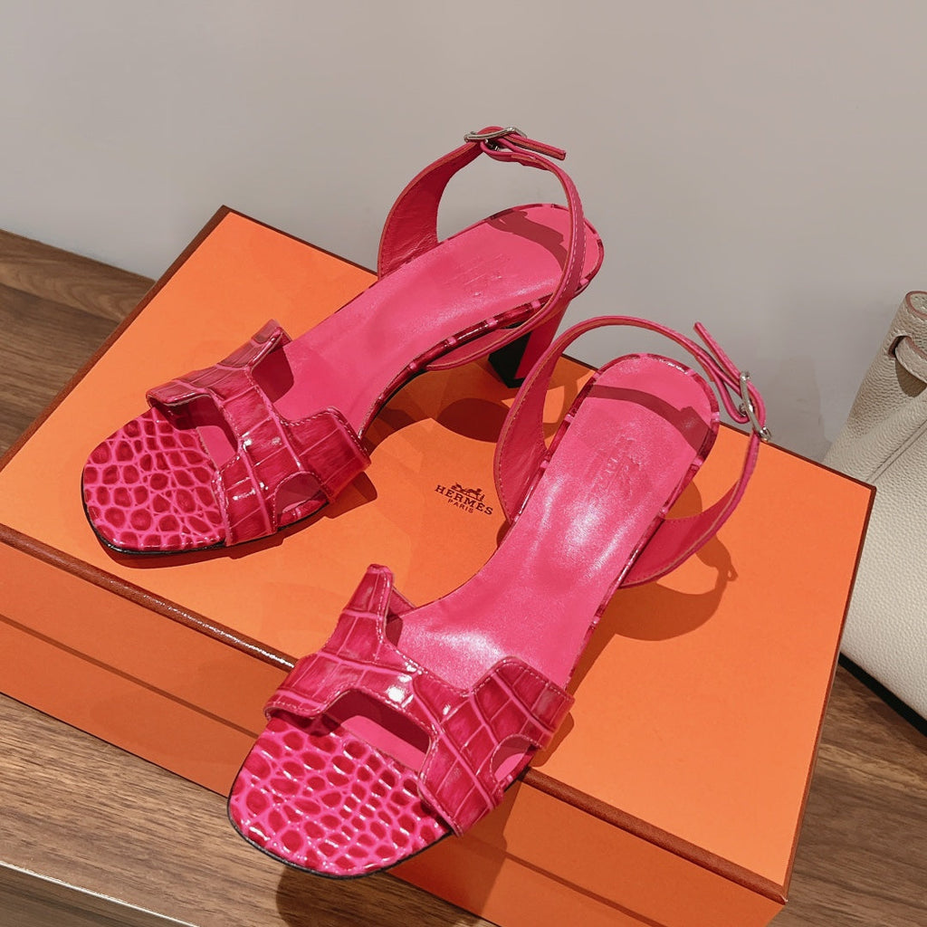 HERMES SLINGBACK ETERNITE 75 PINK LAMBSKIN AND CROCODILE LEATHER