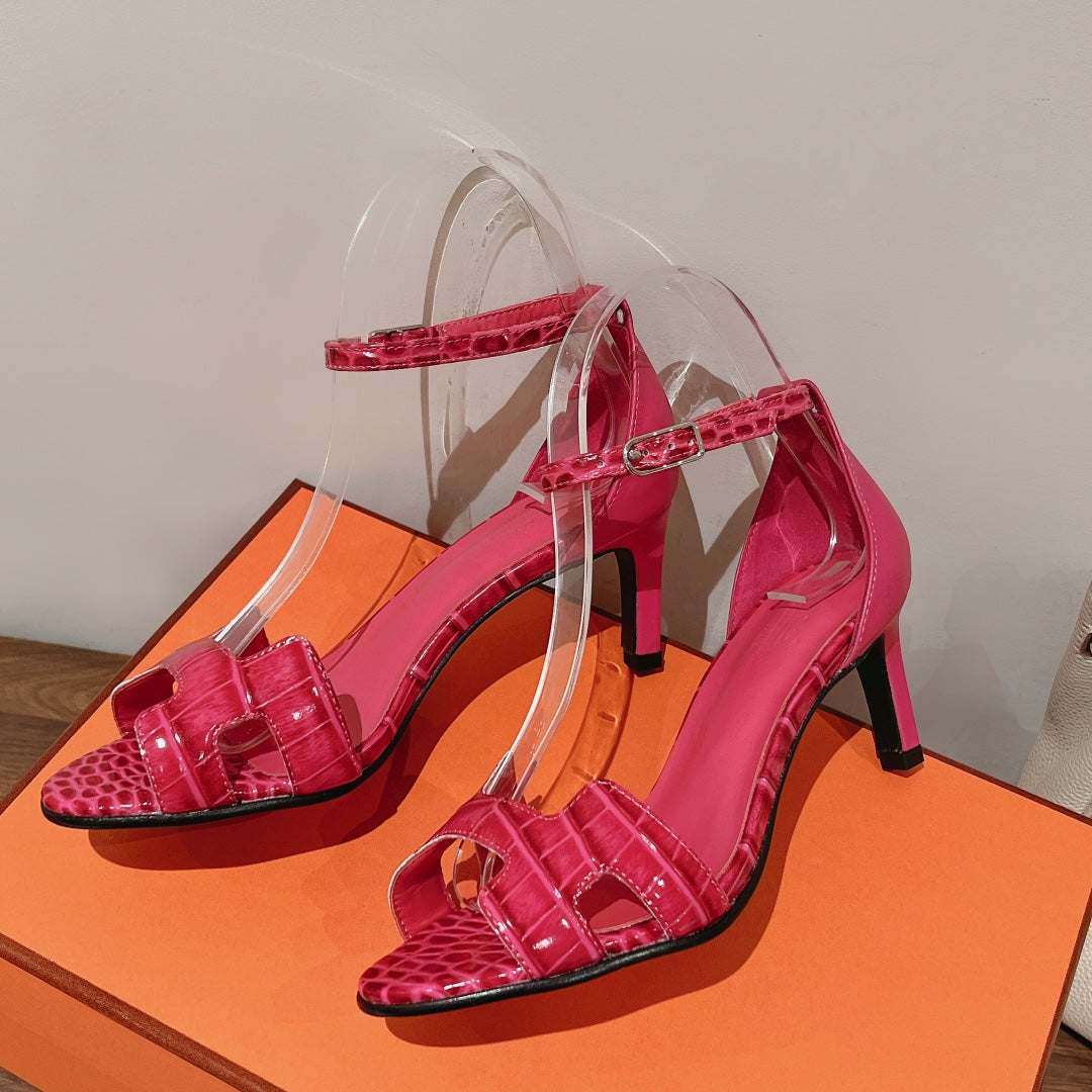 HERMES PREMIERE 70 SANDAL IN WATERMELON PINK CROCODILE LEATHER