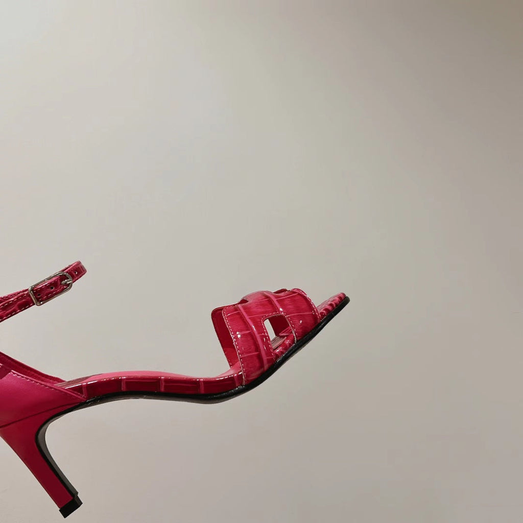 HERMES PREMIERE 70 SANDAL IN WATERMELON PINK CROCODILE LEATHER