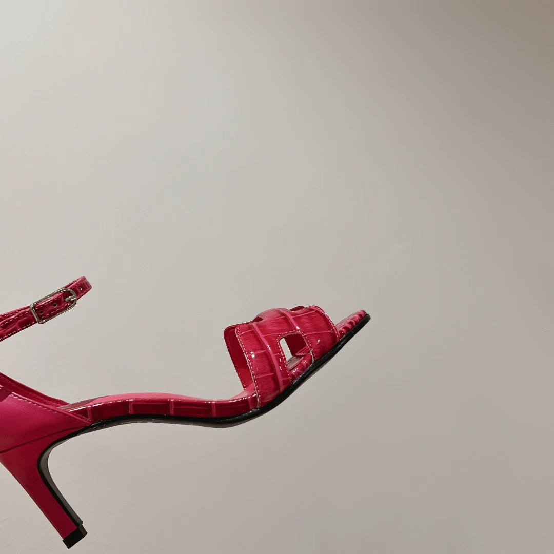 HERMES PREMIERE 70 SANDAL IN WATERMELON PINK CROCODILE LEATHER