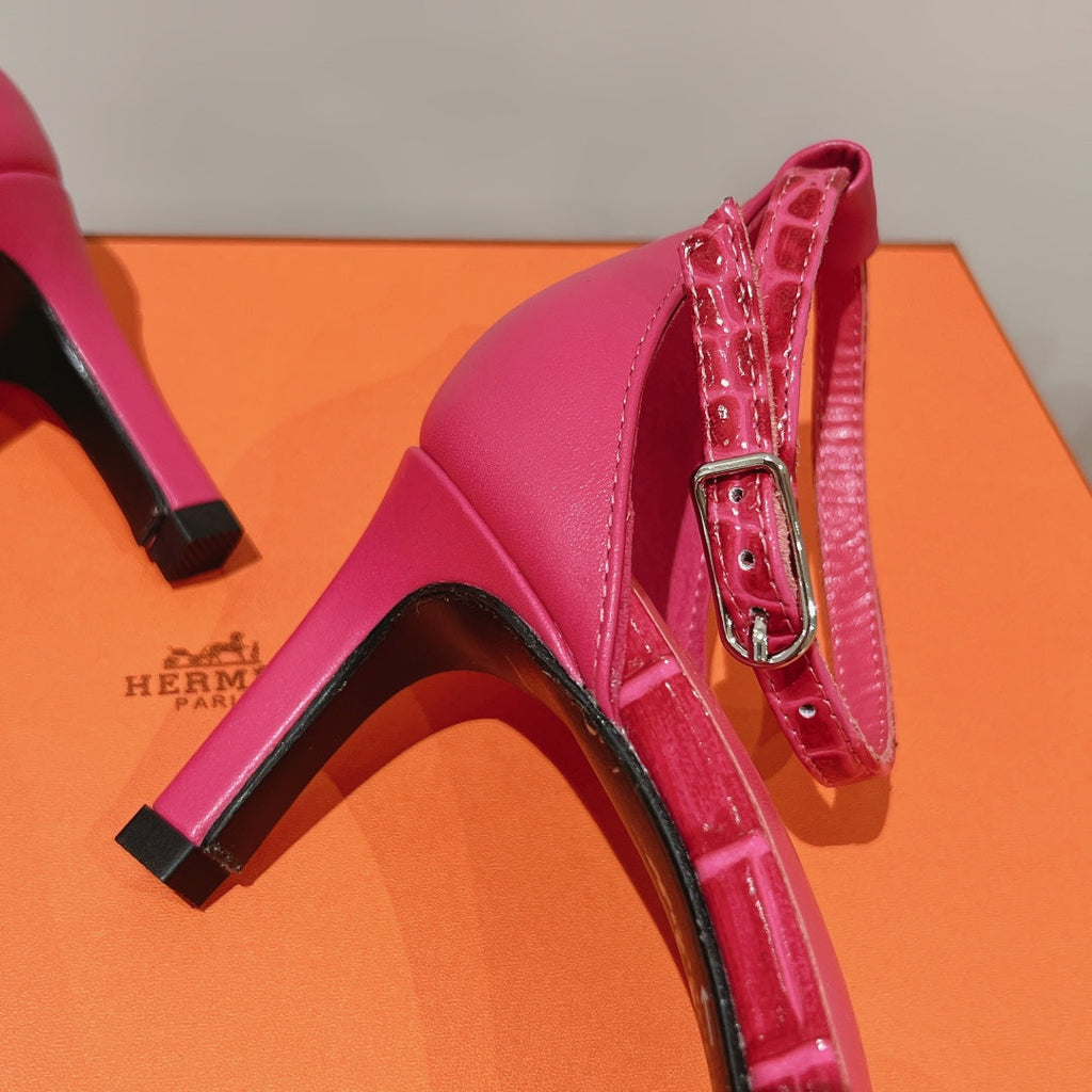 HERMES PREMIERE 70 SANDAL IN WATERMELON PINK CROCODILE LEATHER