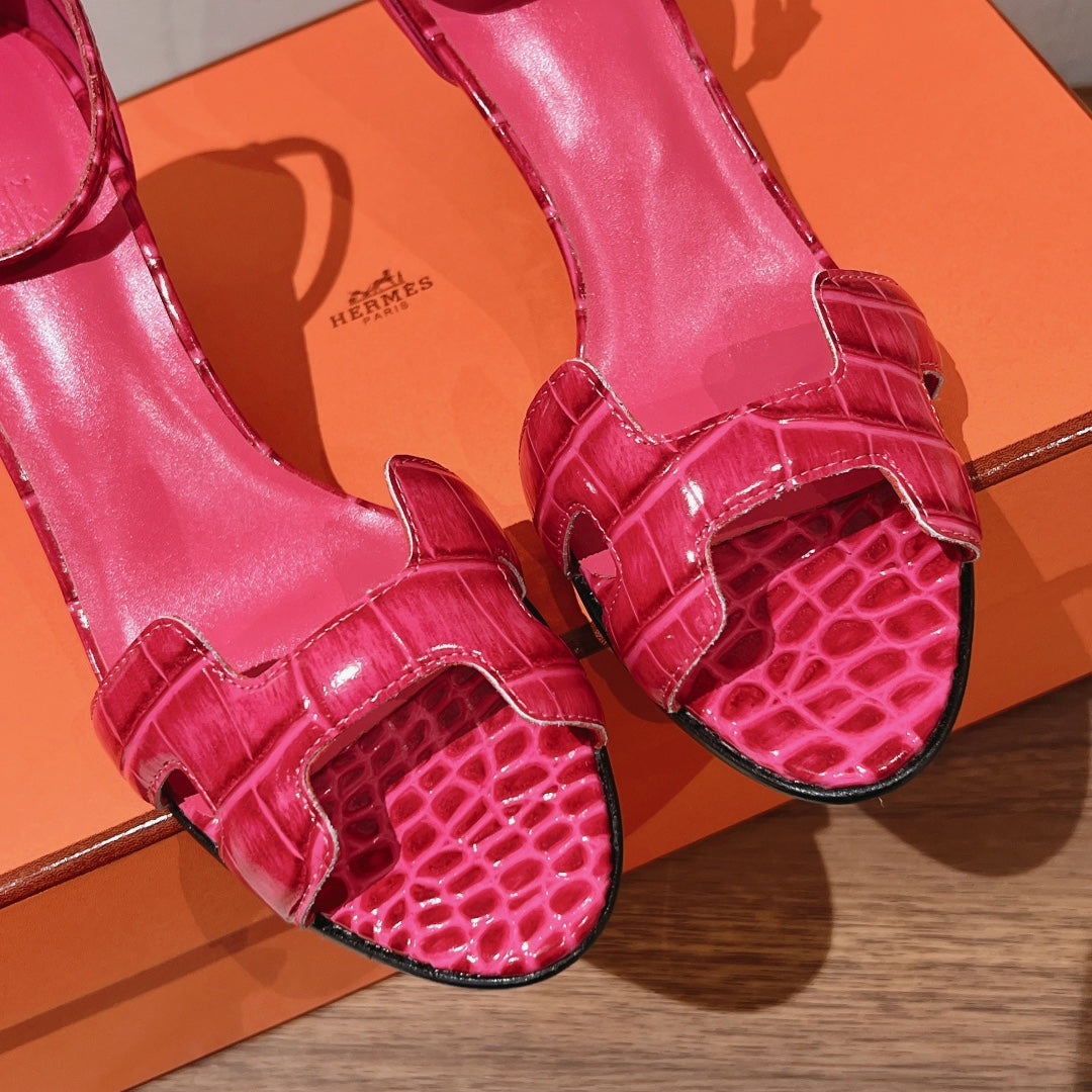 HERMES PREMIERE 70 SANDAL IN WATERMELON PINK CROCODILE LEATHER