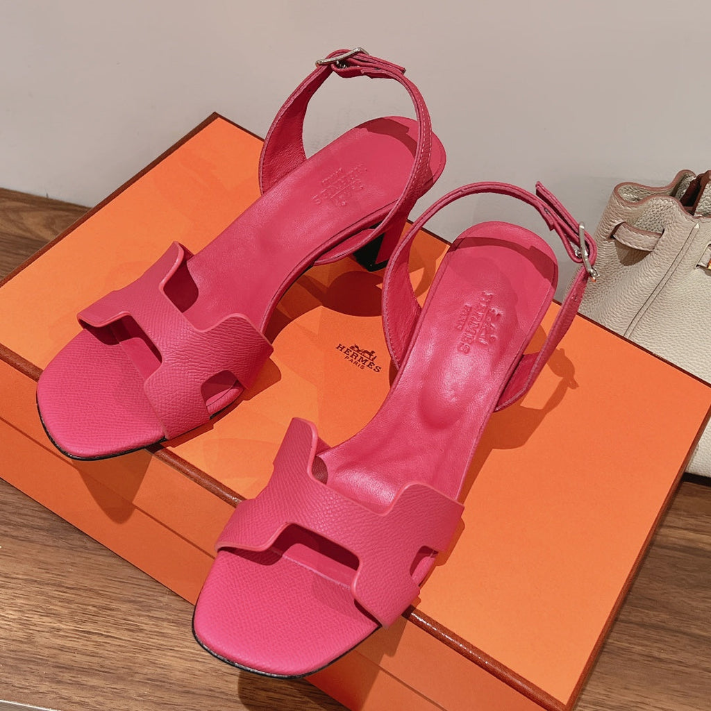 HERMES HOLY 75 SANDAL IN BRIGHT PINK GRAINED CALFSKIN