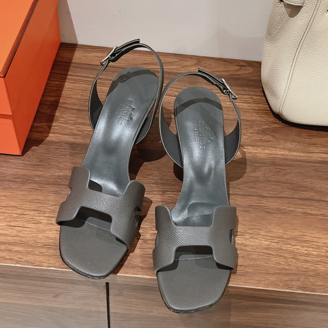 HERMES HOLY 75 SANDAL IN DARK GRAY GRAINED CALFSKIN
