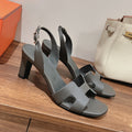 HERMES HOLY 75 SANDAL IN DARK GRAY GRAINED CALFSKIN