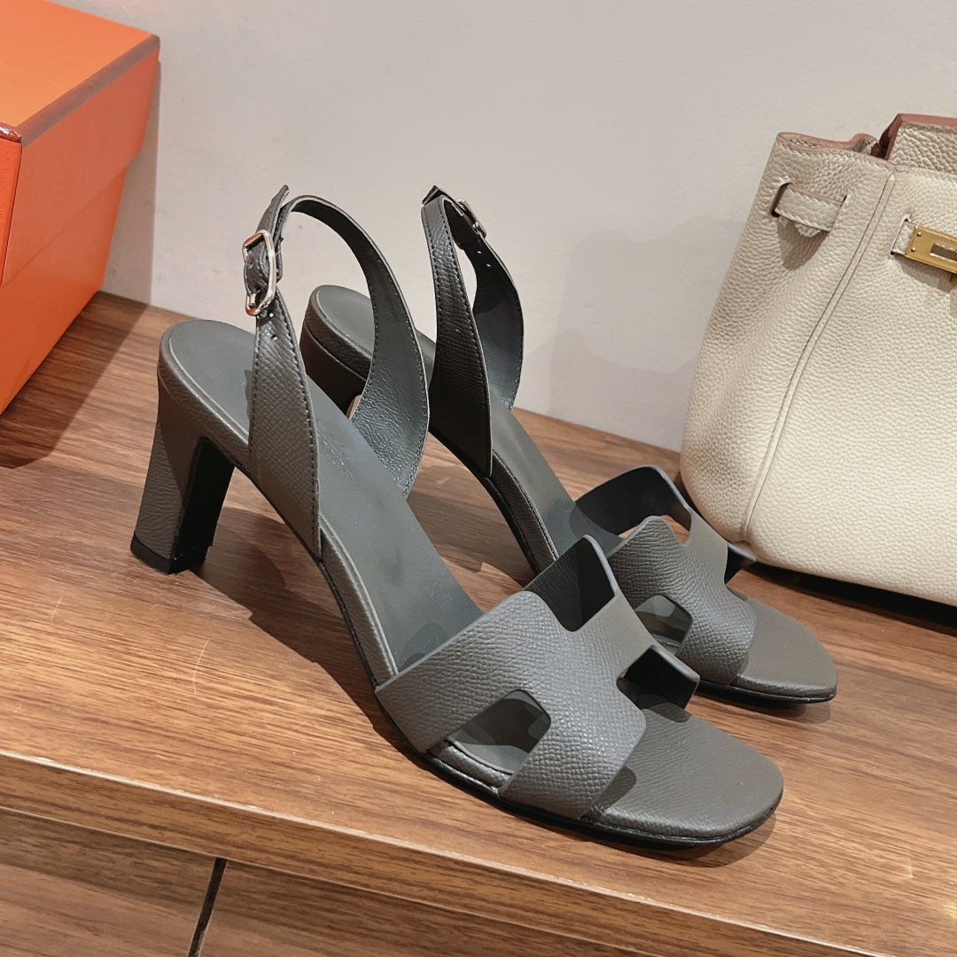 HERMES HOLY 75 SANDAL IN DARK GRAY GRAINED CALFSKIN
