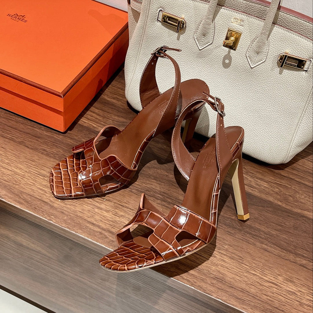 HERMES SLINGBACK ETERNITE 105 BROWN LAMBSKIN AND CROCODILE LEATHER