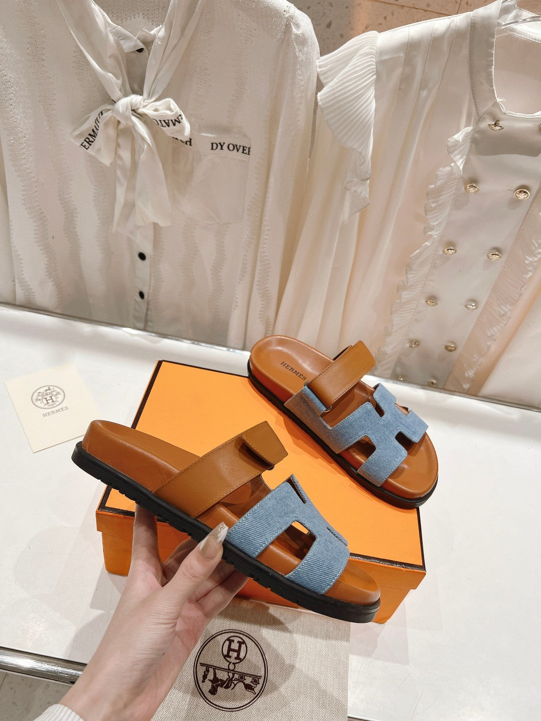 HERMES CHYPRE SANDAL BRIGHT BROWN LAMBSKIN AND BLUE DENIM