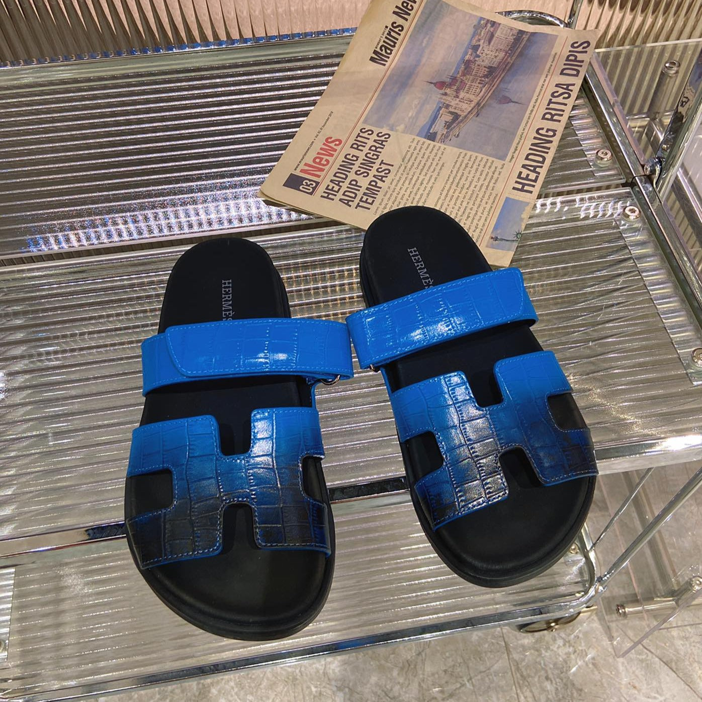 HERMES CHYPRE SANDAL OMBRE BLACK COBALT CALFSKIN
