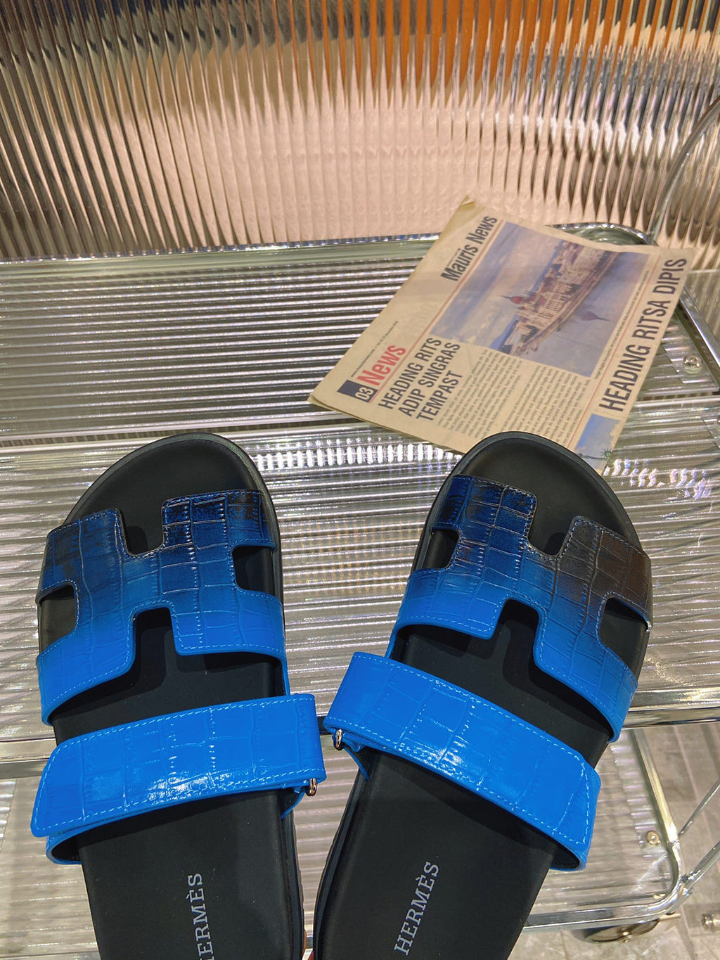 HERMES CHYPRE SANDAL OMBRE BLACK COBALT CALFSKIN
