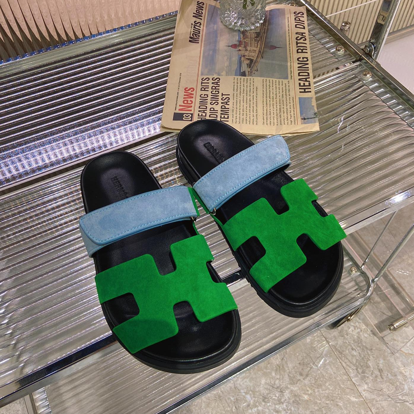 HERMES CHYPRE SANDAL GREEN MIX BLUE SUEDE