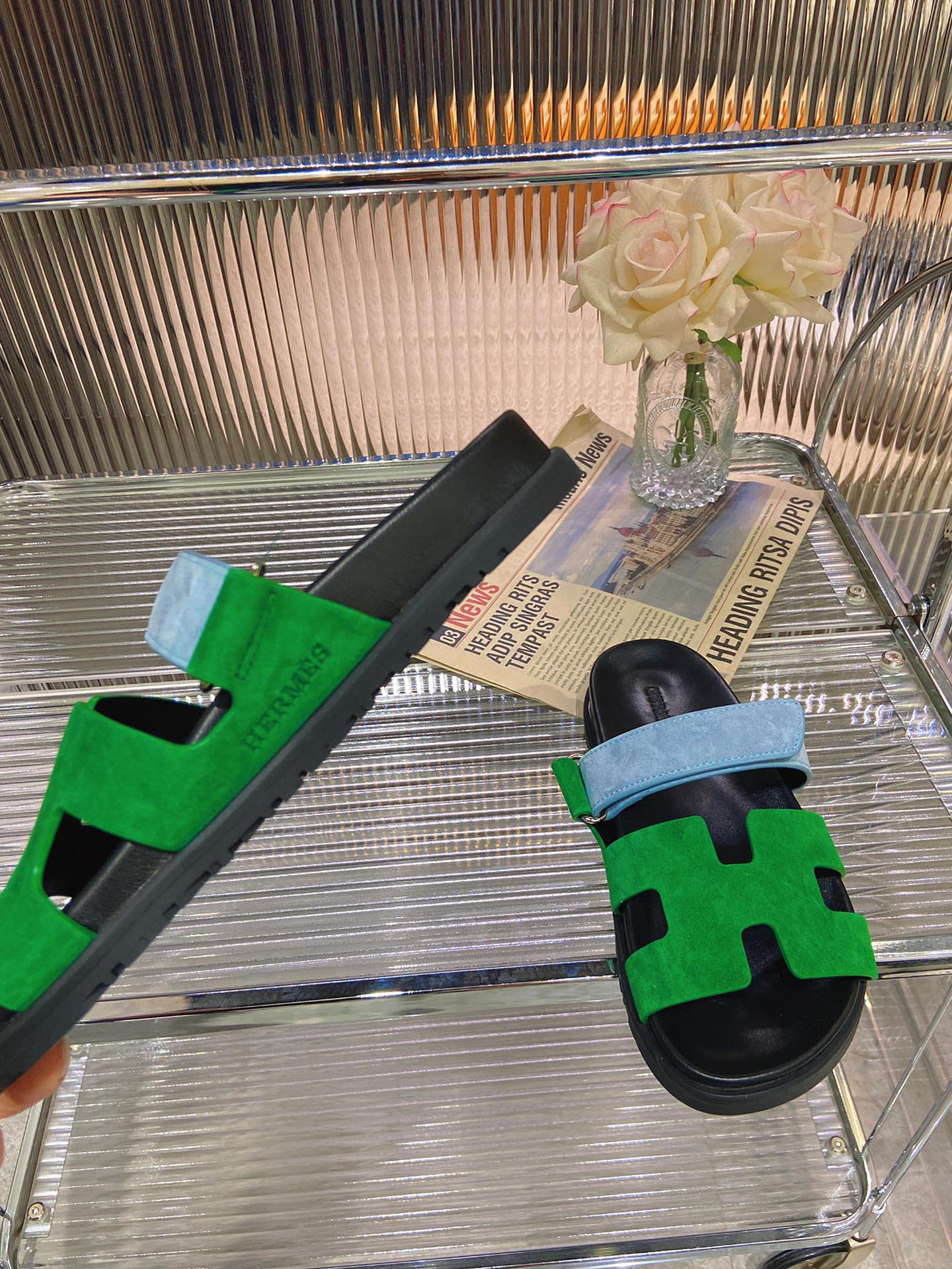 HERMES CHYPRE SANDAL GREEN MIX BLUE SUEDE