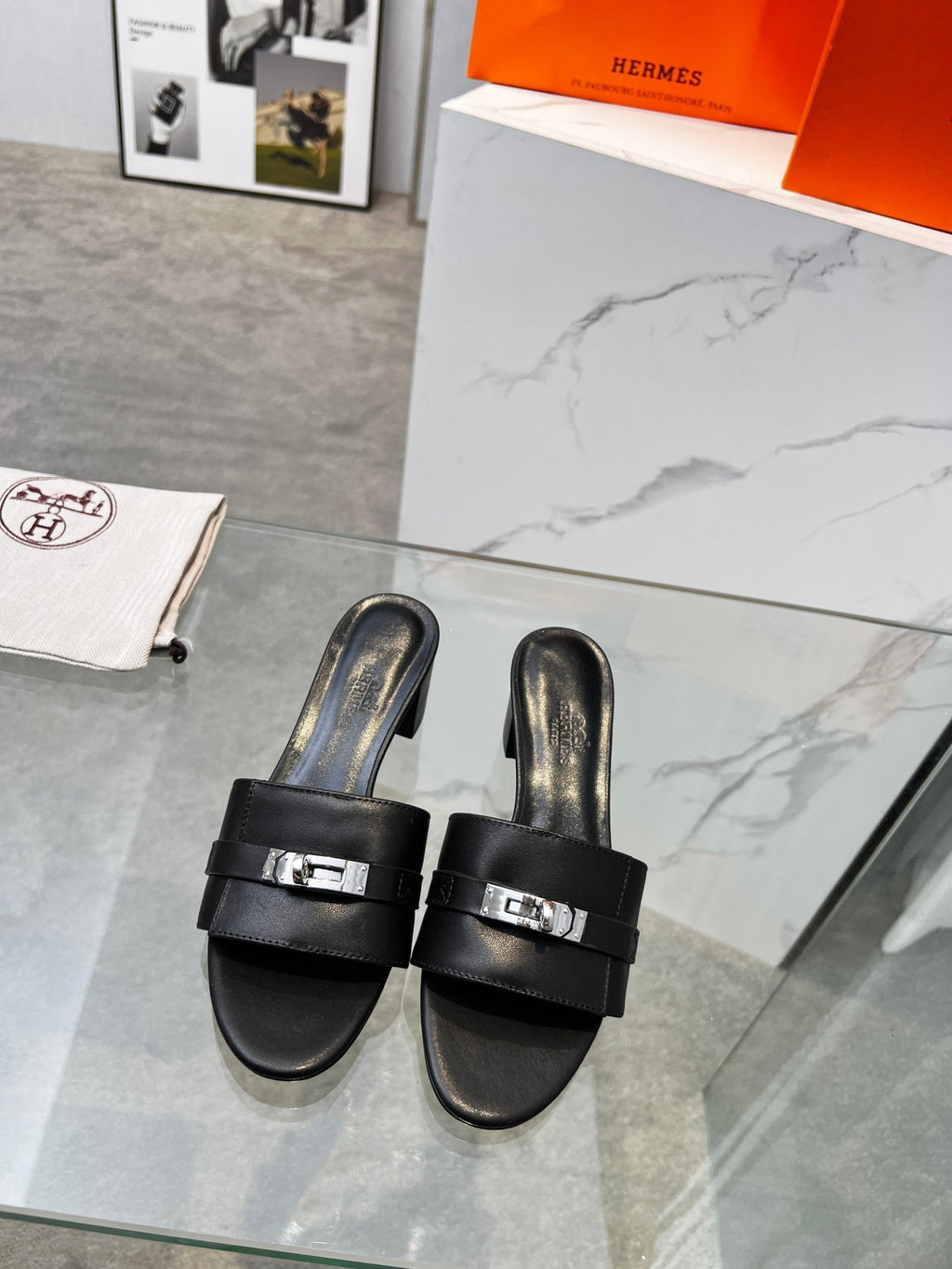 HERMES Gigi 50 Sandal Black Calfskin