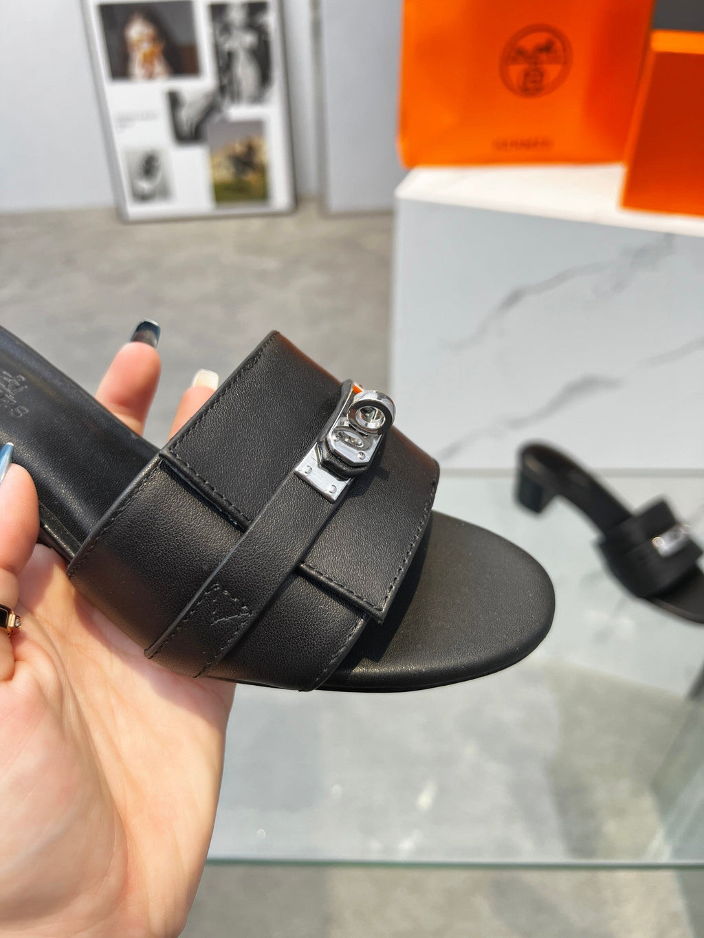HERMES Gigi 50 Sandal Black Calfskin