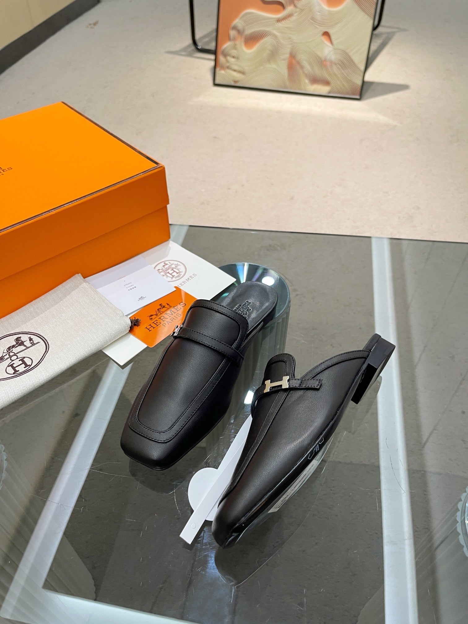 HERMES GROUPIE MULE BLACK LAMBSKIN