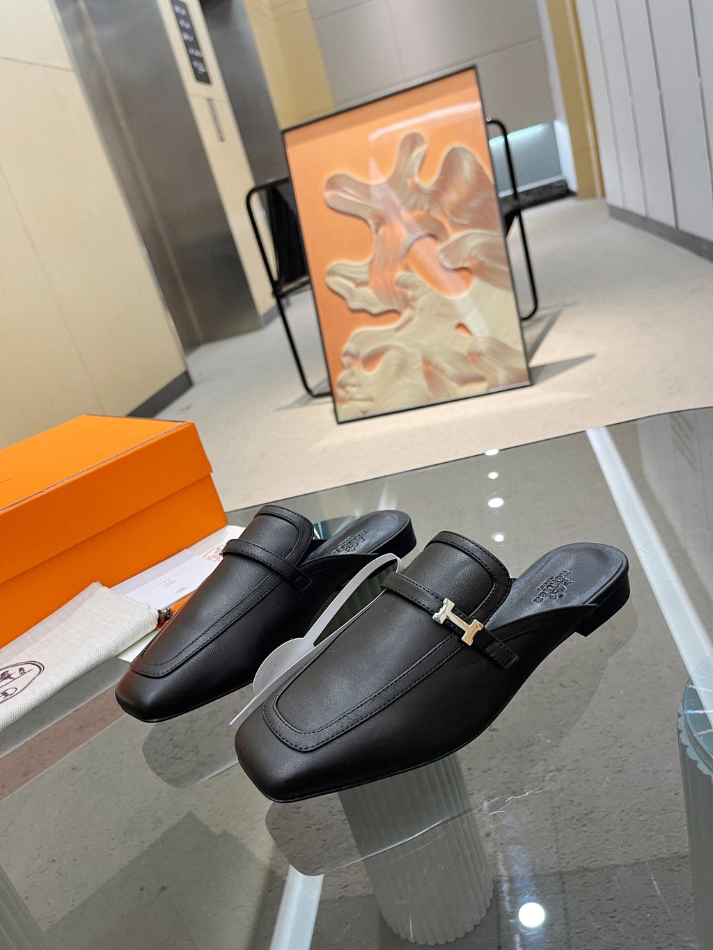 HERMES GROUPIE MULE BLACK LAMBSKIN