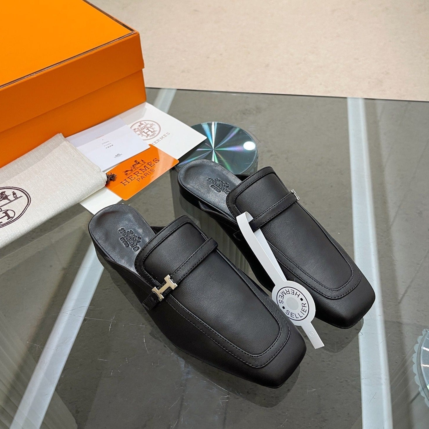 HERMES GROUPIE MULE BLACK LAMBSKIN