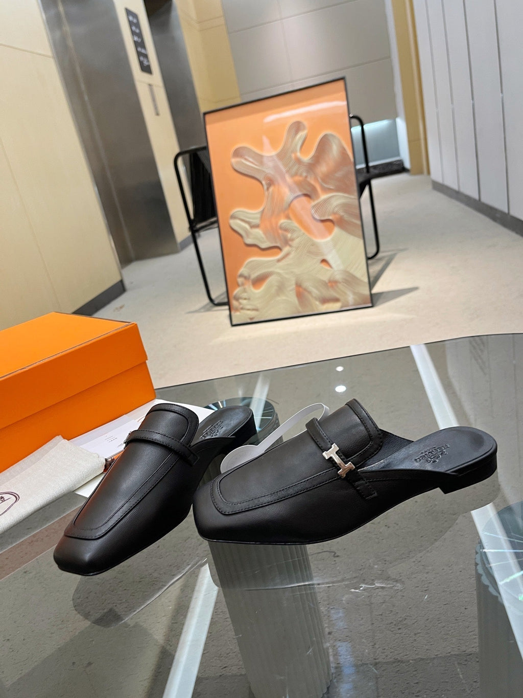 HERMES GROUPIE MULE BLACK LAMBSKIN