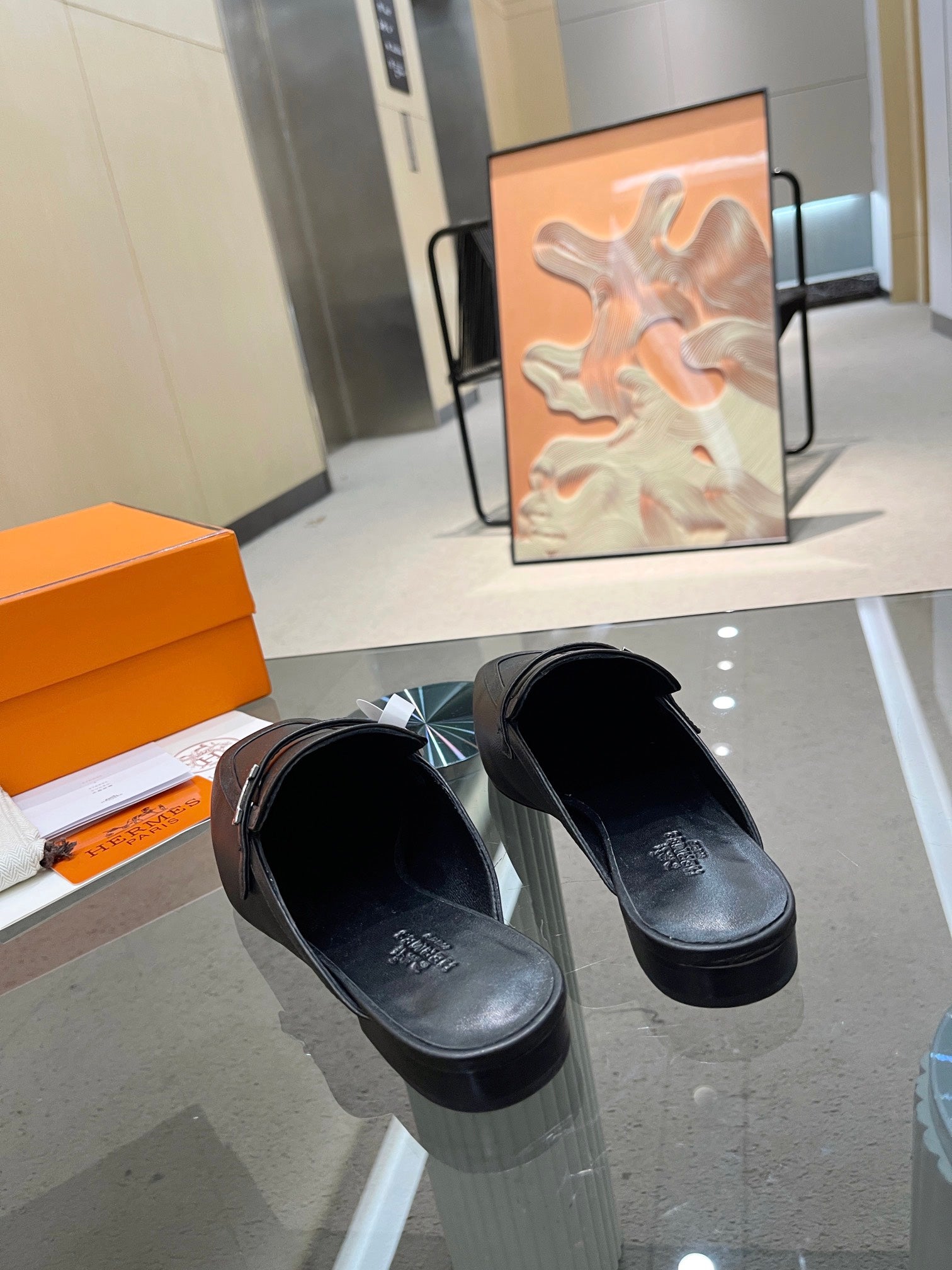 HERMES GROUPIE MULE BLACK LAMBSKIN