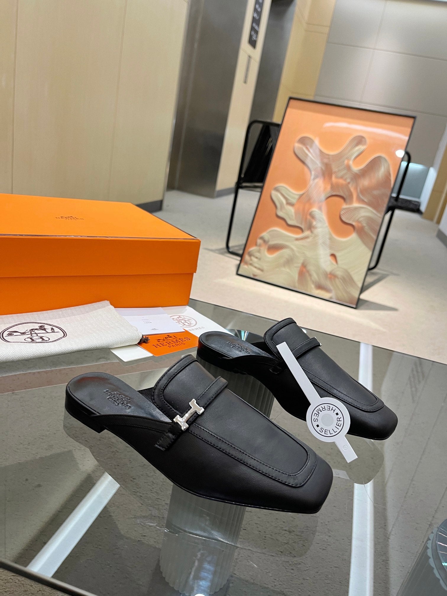 HERMES GROUPIE MULE BLACK LAMBSKIN