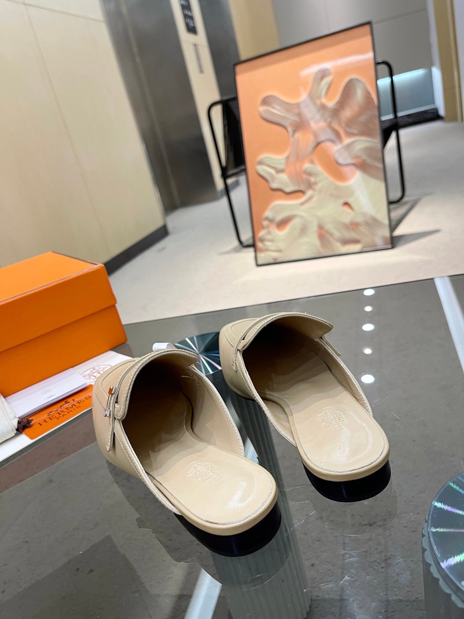 HERMES GROUPIE MULE BEIGE LAMBSKIN