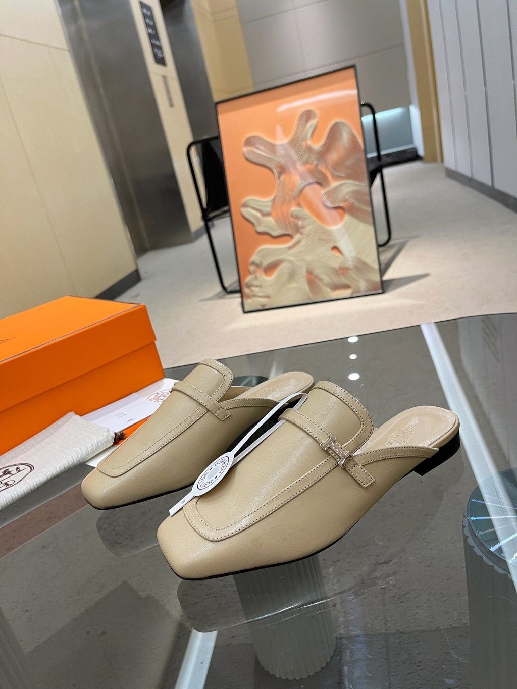 HERMES GROUPIE MULE BEIGE LAMBSKIN