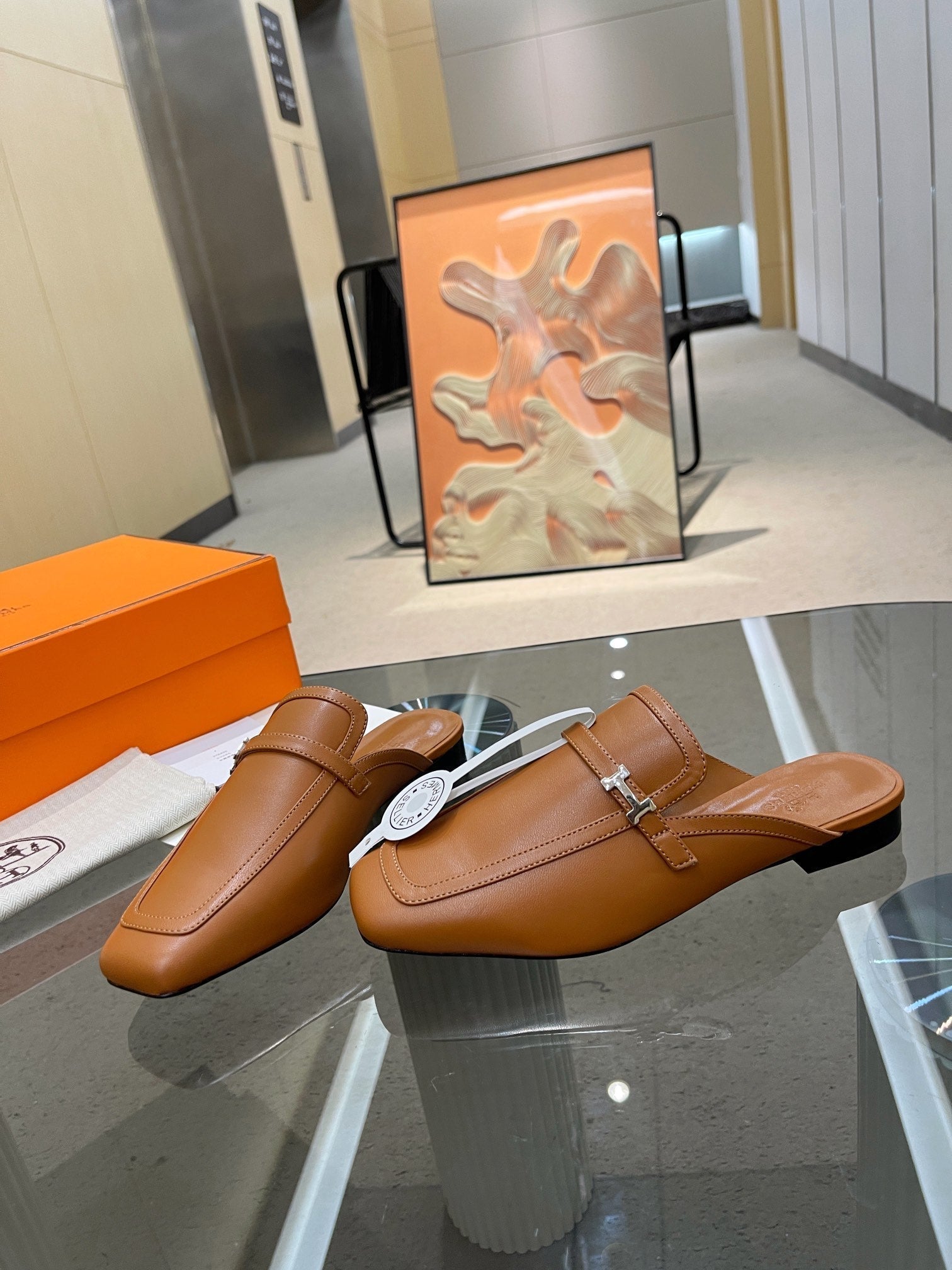 HERMES GROUPIE MULE TAWNY LAMBSKIN