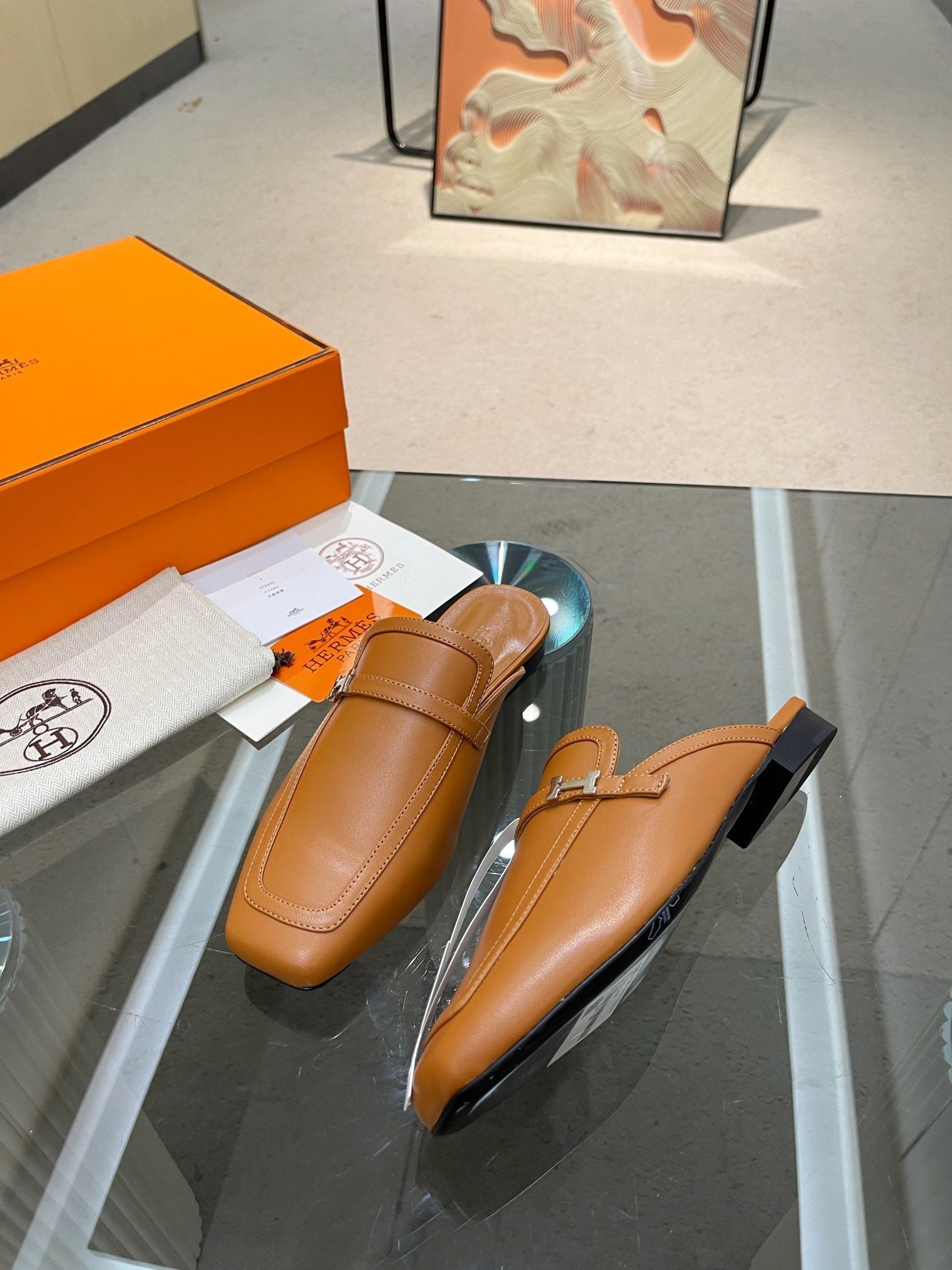 HERMES GROUPIE MULE TAWNY LAMBSKIN
