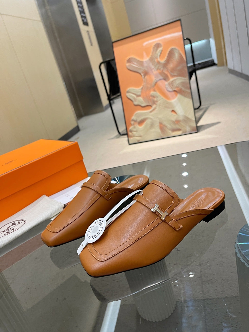 HERMES GROUPIE MULE TAWNY LAMBSKIN
