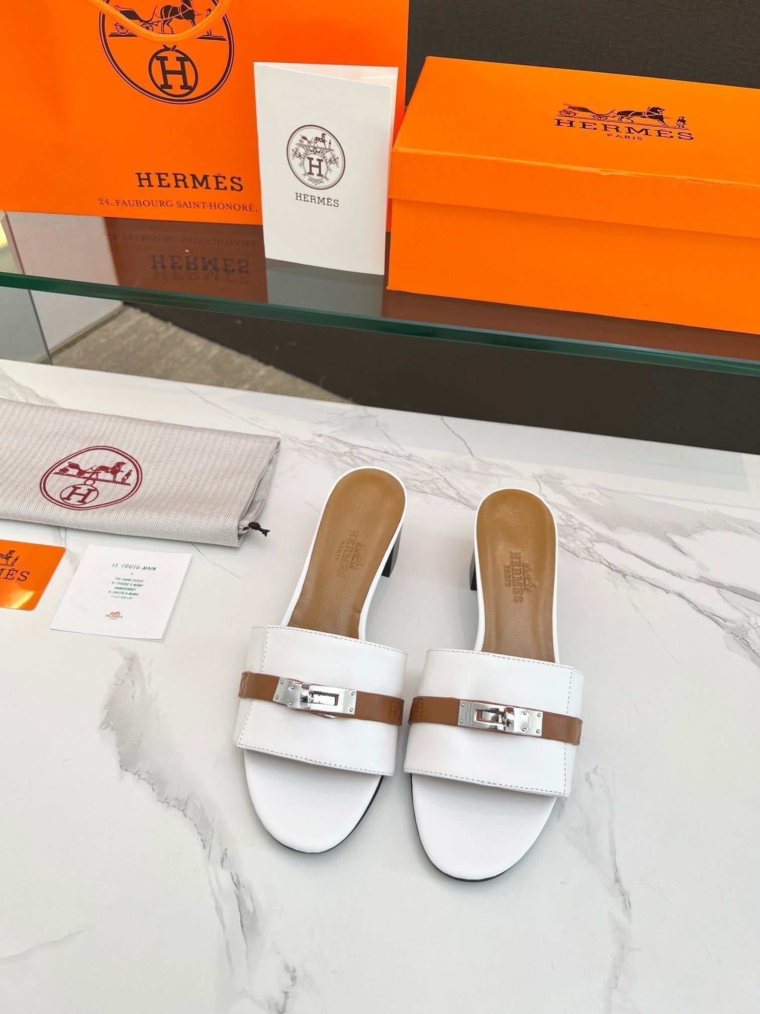 HERMES Gigi 50 Sandal White Tan Calfskin