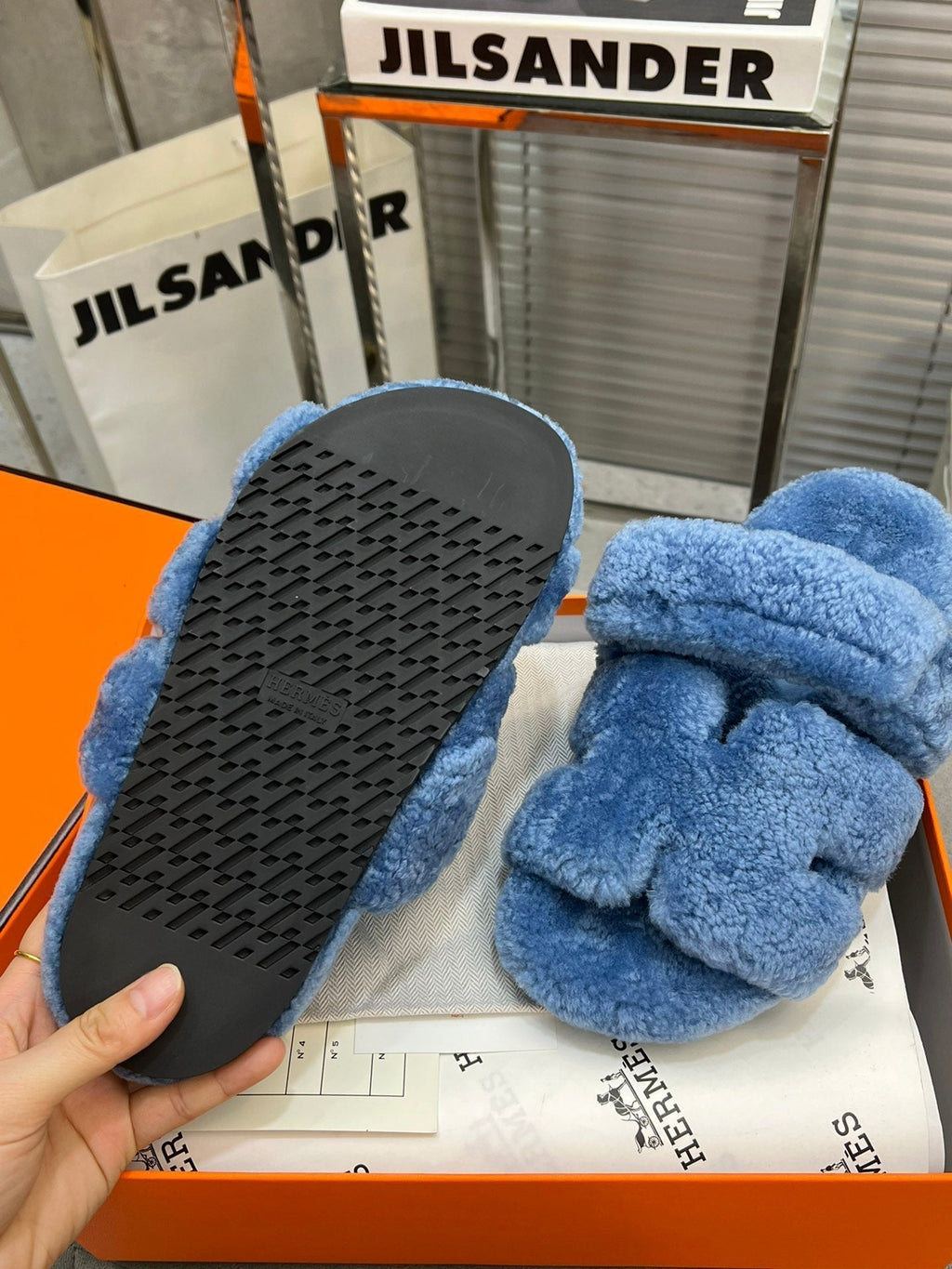 HERMES CHYPRE SLIPPERS IN AZURE BLUE LAMB WOOL